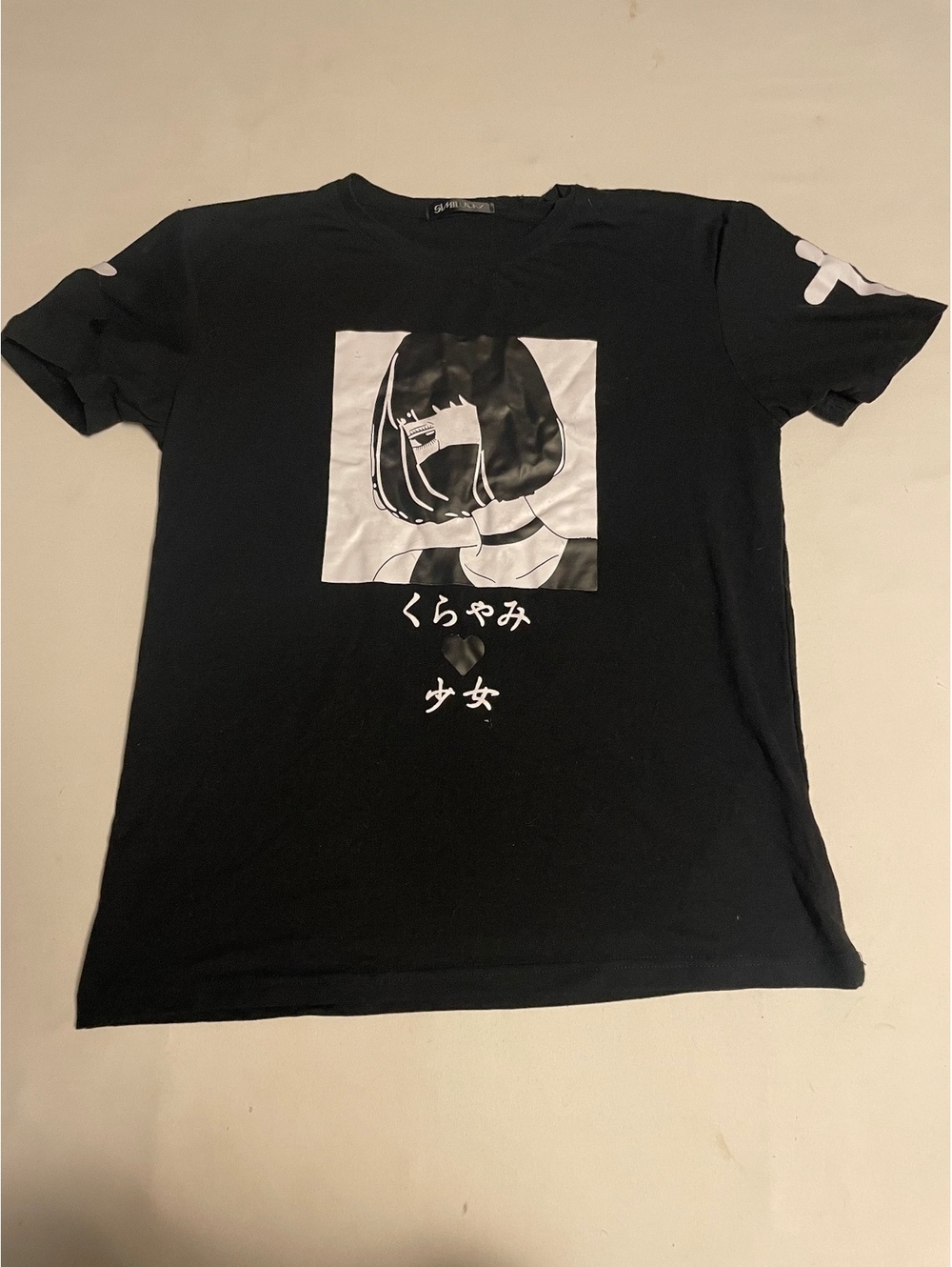 9MILUCKY Black Graphic T-Shirt with Japanese Text and Sleeve Cross Design